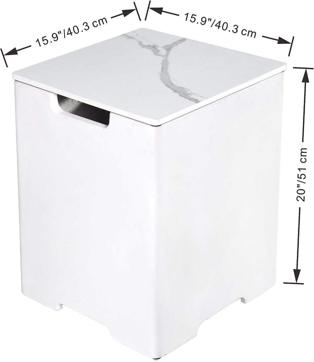 AMS Fireplace | Elementi Square White Marble Propane Tank Cover | Concrete GFRC Base | Dimensions: 15.9 × 15.9 × 20.5 inches | Perfectly Complements Bianco, Athens, and Other Fire Pit Tables