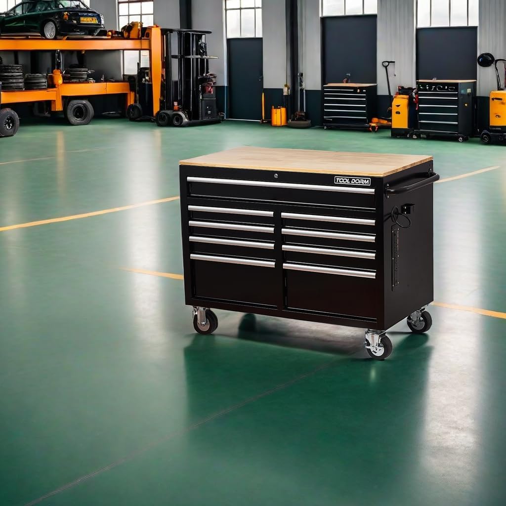 Rolling Large Tool Chest Extra-Deep 46-Inch 9 Drawers, Big Tool Chest with Drawers, Workbench with Wooden Top & Integrated Power Strip, Rolling Toolbox with Drawers and Locking System