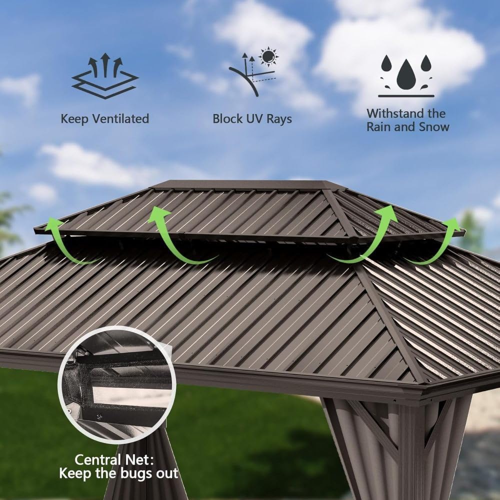 Hardtop Gazebo 10x13FT with Double Roof, Brown Metal Outdoor Gazebo for Patio - Includes Privacy Curtains & Netting, Water Resistant, Galvanized Steel Frame (130 Sq Ft)