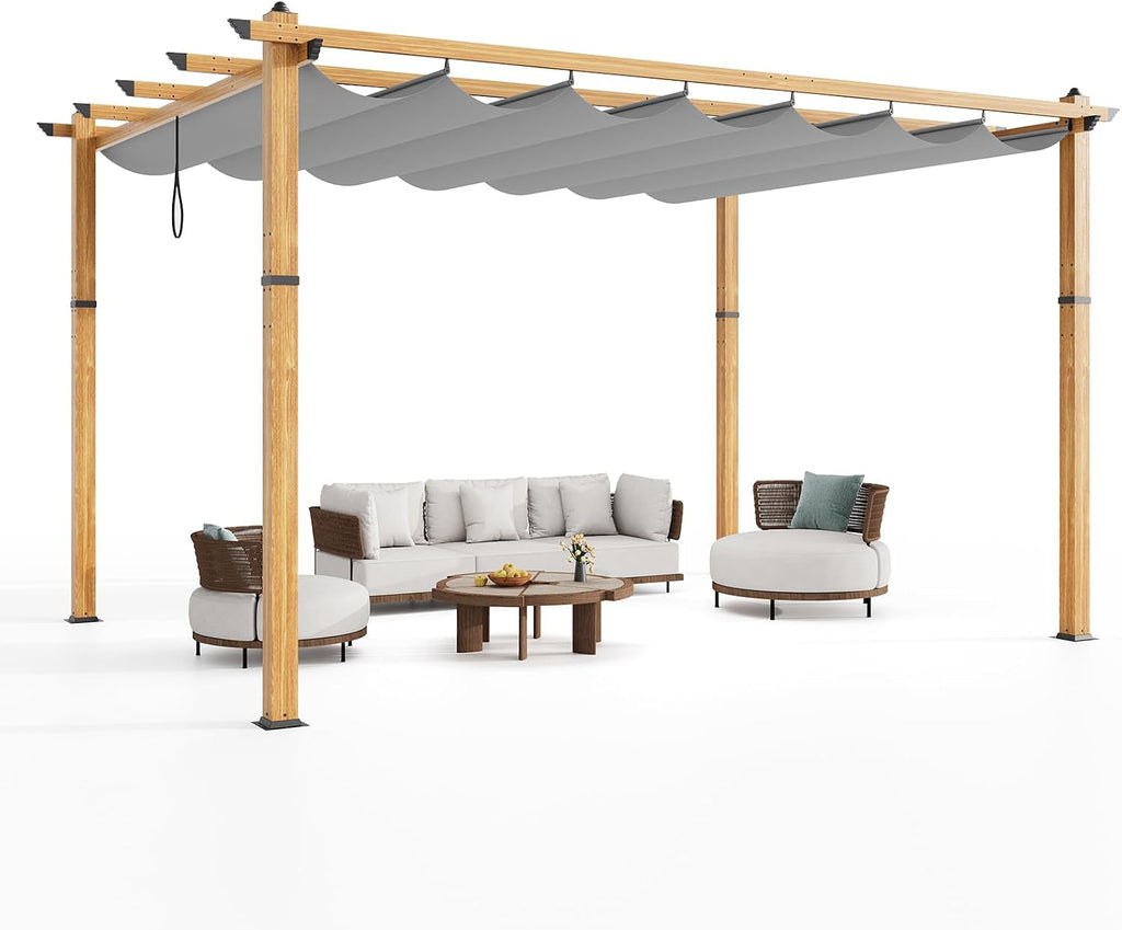 10x13 Ft Outdoor Retractable Pergola with Sun Shade Canopy, Heavy-Duty Aluminum Canopy Pergola Kits for Backyard, Faux Wood Grain Metal Patio Gazebo for Garden, Porch Beach, Grape Trellis - Grey