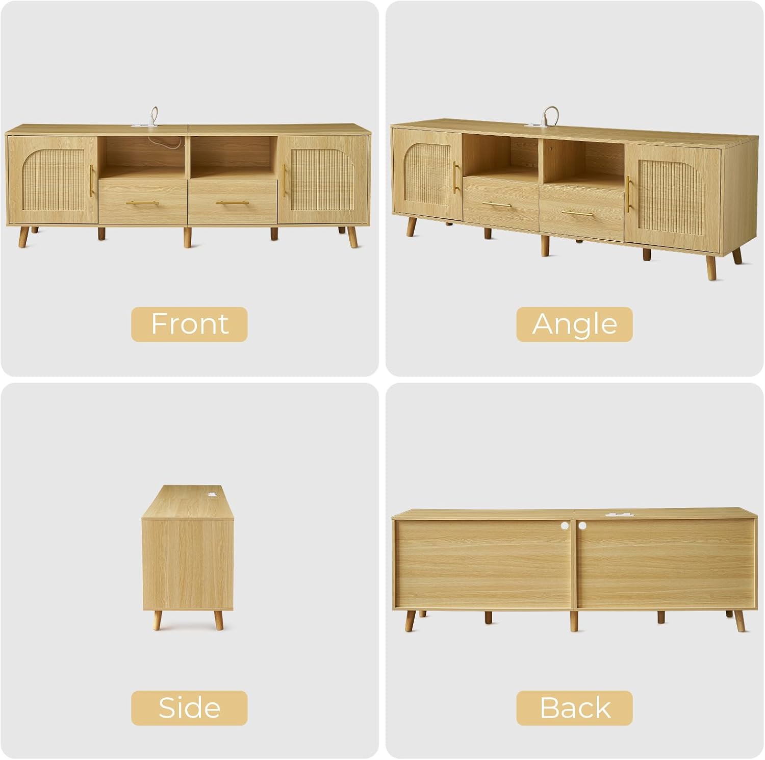 TV Stand for 70 Inch TV, 63' Modern Fluted TV Stand with Outlet, 2 Drawers & Cabinets, Entertainment Center with Open Shelves, Minimalist TV Stands for Living Room (Natural Wood)