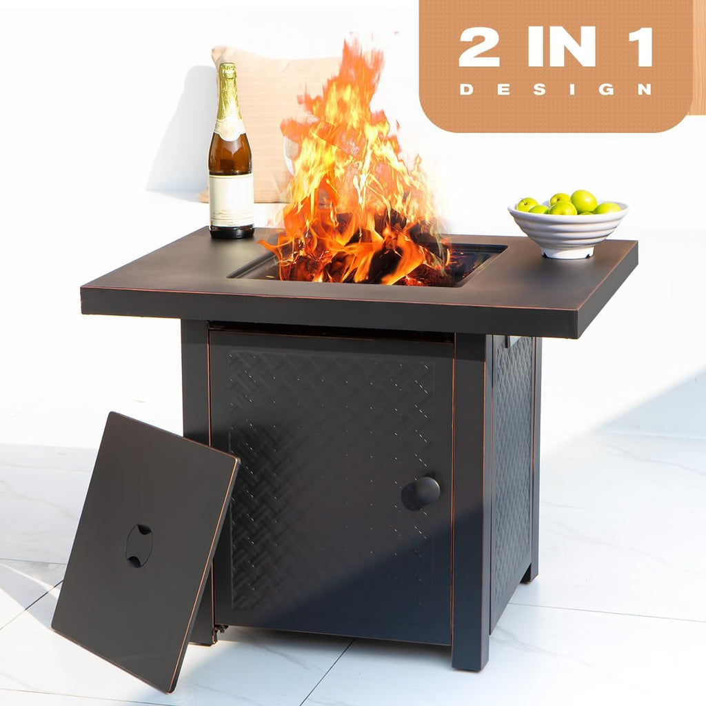 Verdeluxe 32'' Propane Fire Pit,50000 BTU Gas Firepit Table with 2 Drink Holders, Lid & Lava Rock,Outdoor Fire Pit Table for Dining or Party,Propane Firepits for Outside,Patio,Yard
