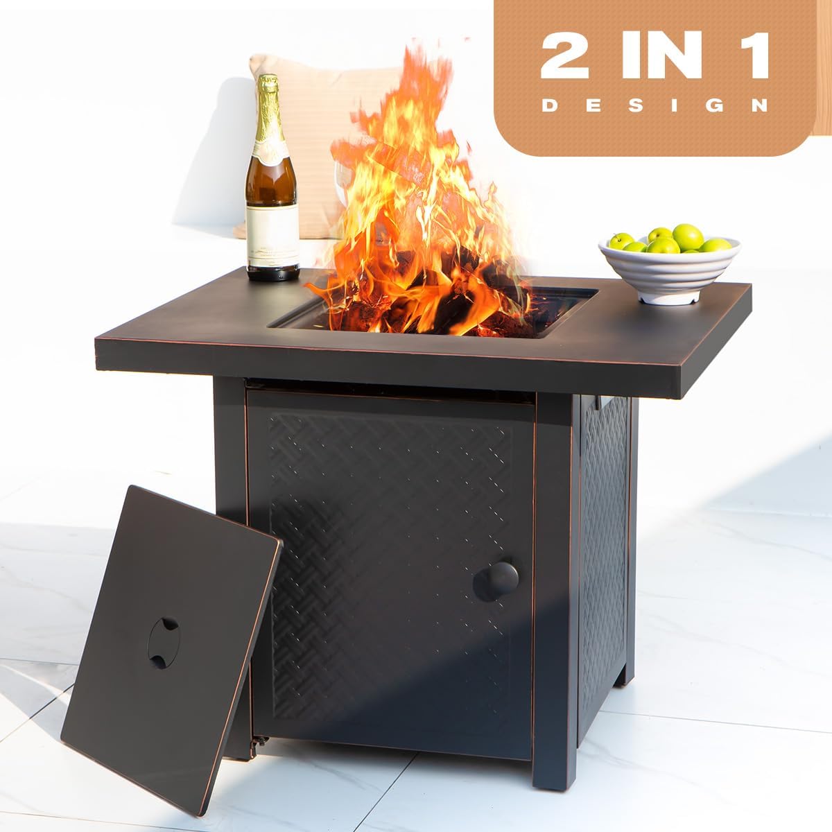 Verdeluxe 32'' Propane Fire Pit,50000 BTU Gas Firepit Table with 2 Drink Holders, Lid & Lava Rock,Outdoor Fire Pit Table for Dining or Party,Propane Firepits for Outside,Patio,Yard