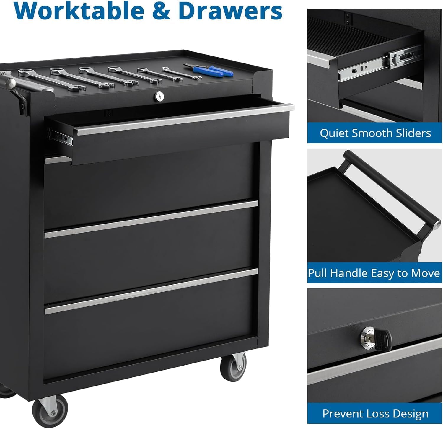 4-Drawer Tool Chest With Wheels, Rolling Tool Cart With Caster Wheels, Sliding Drawers and Protective Liner, Lockable Storage Cabinet for Garage, Workshop, Warehouse
