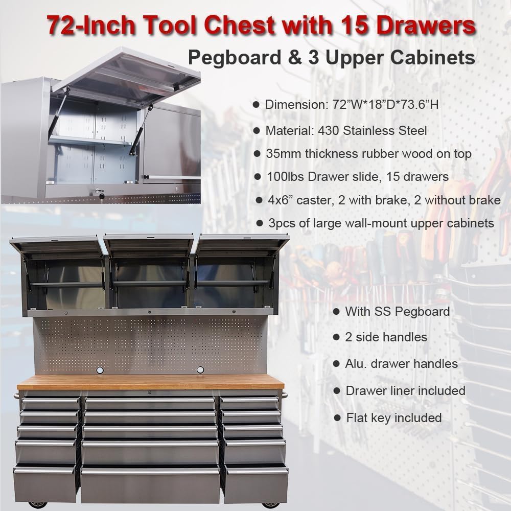 72-Inch Stainless Steel Rolling Tool Chest with 15 Drawers + 3 Upper Cabinets, Lockable Storage Cabinet, Mobile Workbench, Assembled Large Tool Box with Wheels for Garage Workshop (1 × HTC7218W1)