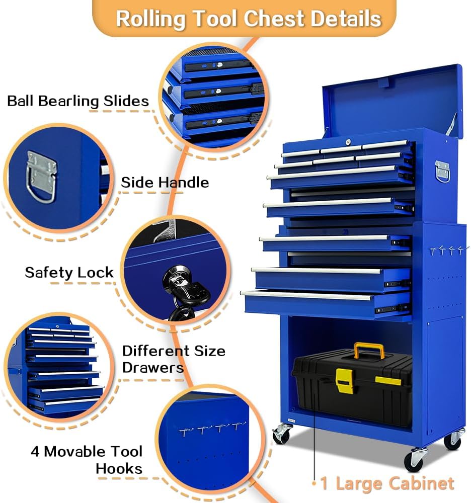 13-Drawer Tool Chest with Wheels,2 in 1 Detachable Rolling Tool box with Drawers,Large ToolBox with Lock,Mobile Steel Tool Cabinet Storage for Warehouse,Garage-Blue