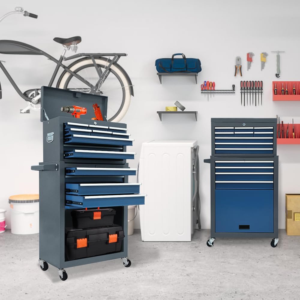 13 Drawers Tool Chest with Wheels,Large Capacity Tool Storage Cabinet with Removable Top Toolbox, Locking Mechanical Tool Cart with Liner,Suitable for Garages, Warehouses-Blue&Grey