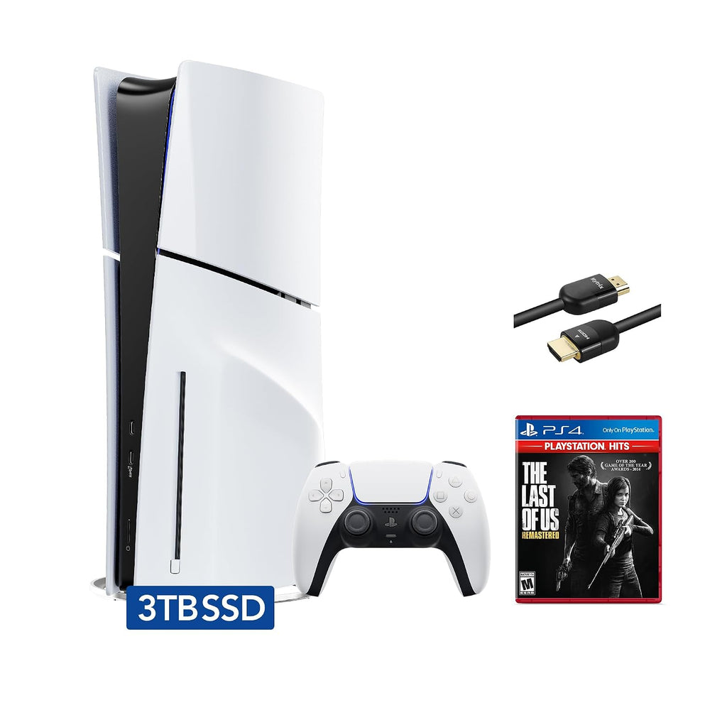 PlayStation 5 Slim Disc 3TB SSD Edition Bundle with The Last of Us Remastered and Mytrix 8K HDMI2.1 Cable - PS5, White