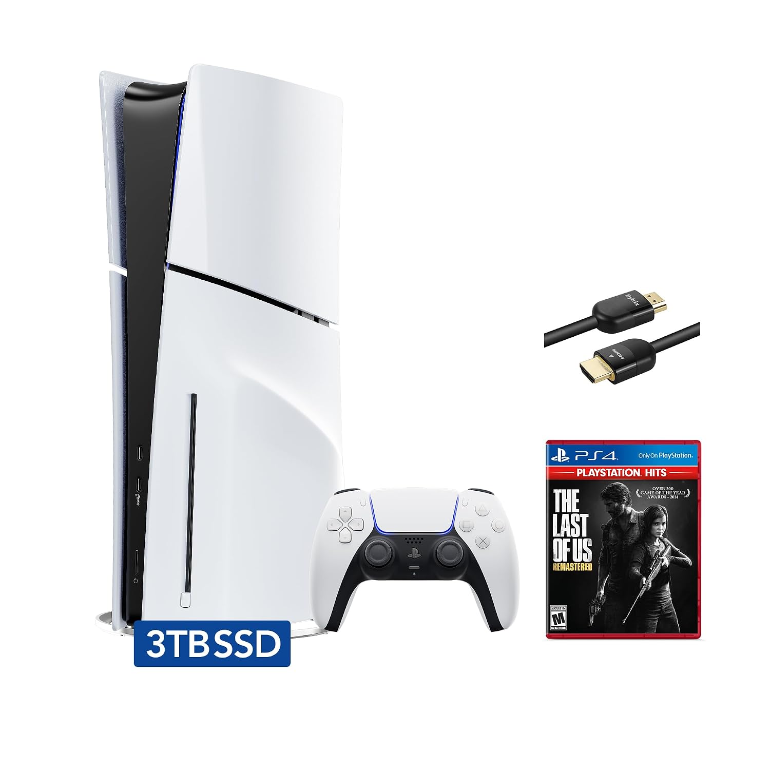 PlayStation 5 Slim Disc 3TB SSD Edition Bundle with The Last of Us Remastered and Mytrix 8K HDMI2.1 Cable - PS5, White