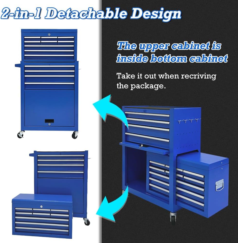 13 Drawers Tool Chest with Wheels,Large Capacity Tool Storage Cabinet with Removable Top Toolbox, Locking Mechanical Tool Cart with Liner,Suitable for Garages, Warehouses-Blue