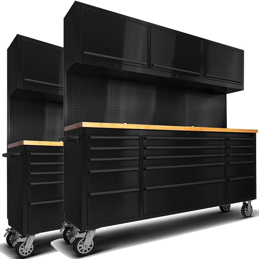 2 Pack - 72' Rolling Tool Chest with 15 Drawers + 3 Upper Cabinets, Mobile Workbench, Assembled Large Tool Box Lockable Storage Cabinet with Wheels, Matte Black (2 × HTC7218PC)