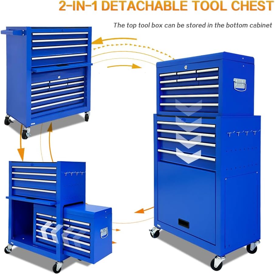 13-Drawer Tool Chest with Wheels,2 in 1 Detachable Rolling Tool box with Drawers,Large ToolBox with Lock,Mobile Steel Tool Cabinet Storage for Warehouse,Garage-Blue