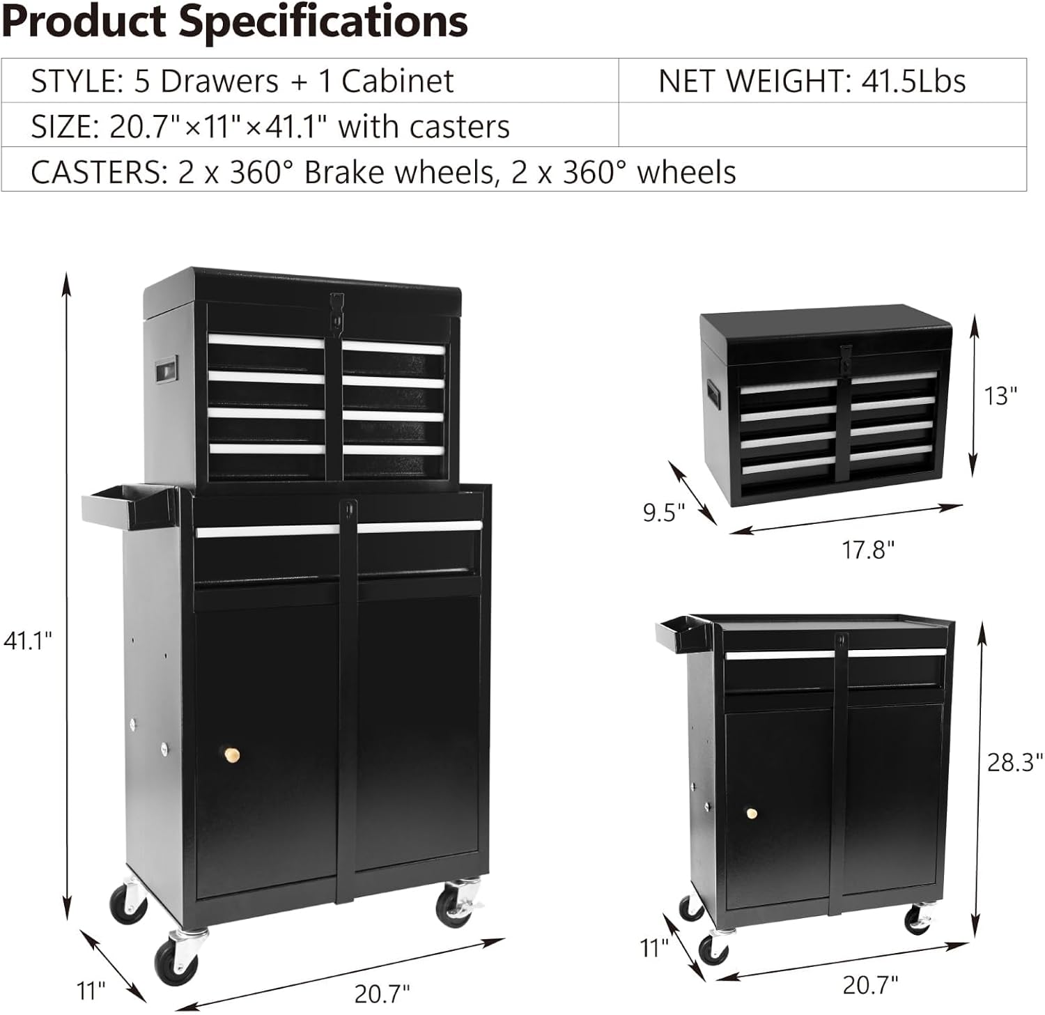 5 Drawer Tool Cart Rolling Tool Chest on Wheels Drawers Rolling Tool Box Organizer Drawer Liners Detachable Top with Locking System for Garage Workshop Warehouse Repair Shop Black