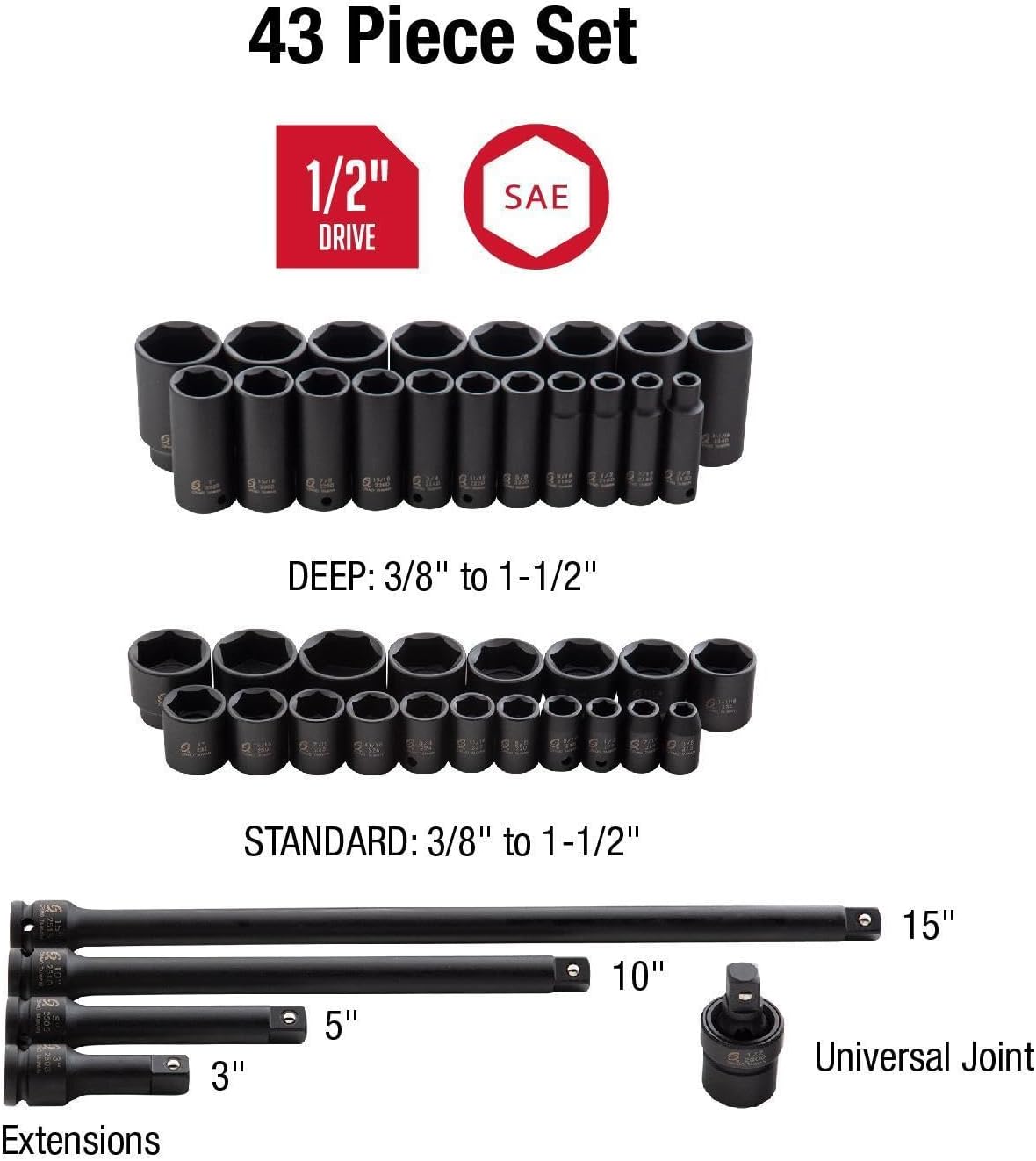 43PC 1/2' DR AE IMP SOCKET SET, Black