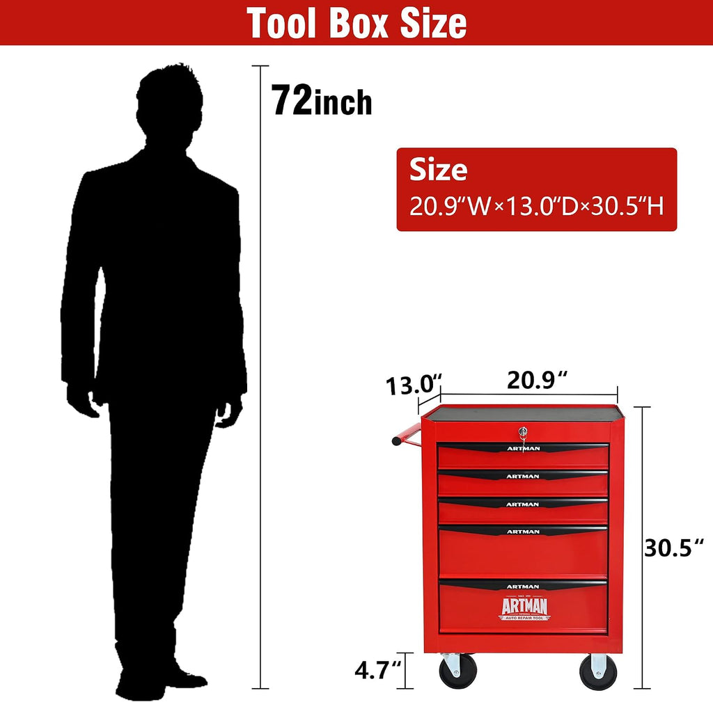 5 Drawers Rolling Tool Box on Wheels, Multifunctional Tool Chest Cabinet with Lock, Drawers Rolling Tool Cart Trolley Organizer Tool Storage Case for Warehouse,Garage,Workshop (Red)