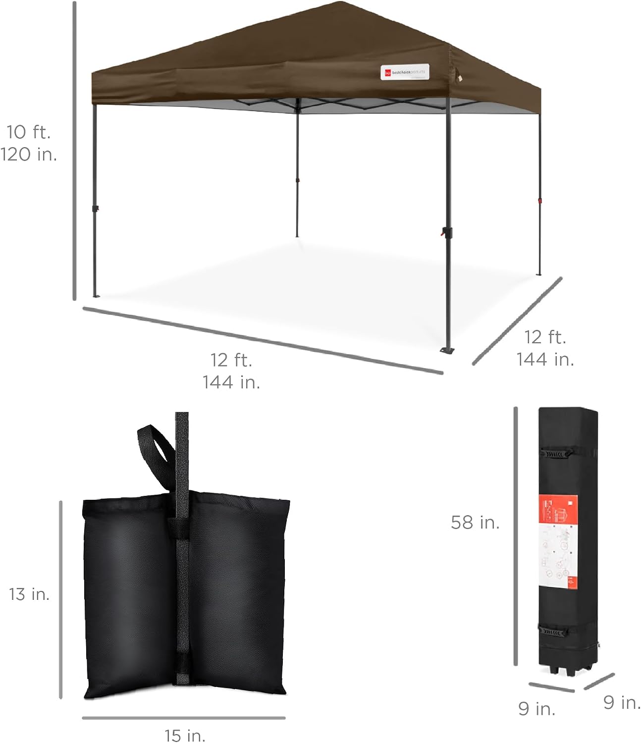 Best Choice Products 12x12ft Pop Up Canopy Tent, Outdoor Shade, 1 Person 1 Minute Set Up, Carry Case, 4 Weight Bags - Brown