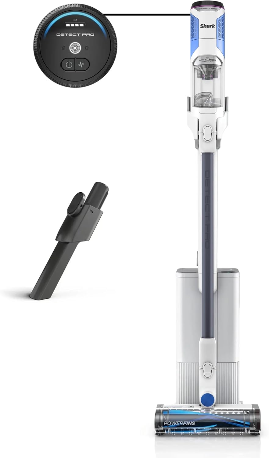 SHARK IW3525Q Detect Pro Auto-Empty System - Lightweight Cordless Stick Vacuum for Pet Hair with HEPA Filter, Odor Neutralizer, Portable Handheld, Charging Dock, Tools (Renewed) (White + Blue)