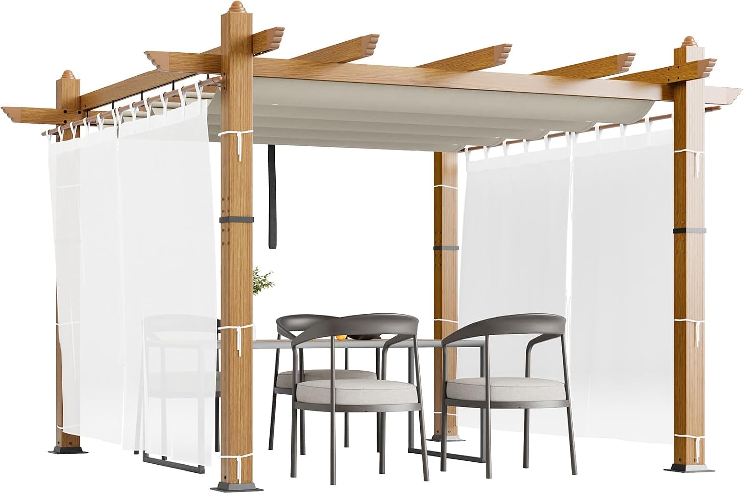 10x10 Ft Retractable Outdoor Pergola with Canopy and Side Mesh, Upgraded Wood-Grain Aluminum Pergola, Modern Pavilion for Backyard, Patio, Porch, Grape Trellis, Beige+White