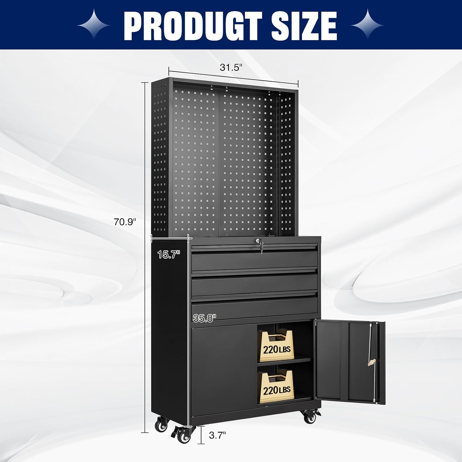 Yizosh Metal Garage Storage Cabinet with Wheels,3-Drawer Rolling Tool Cabinet with 2 Door and Adjustable Shelves,- 71' Steel Tool Cabinet for Warehouse,Garage,Workshop