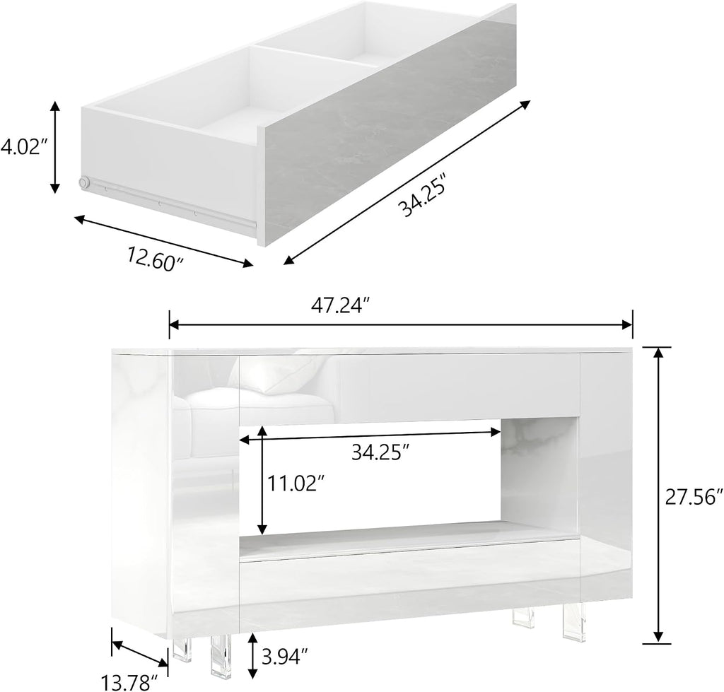 High Gloss TV Stand with 2 Large Drawers & Push-Open Doors - High Gloss Modern TV Console Storage Cabinet for Living Room, Office