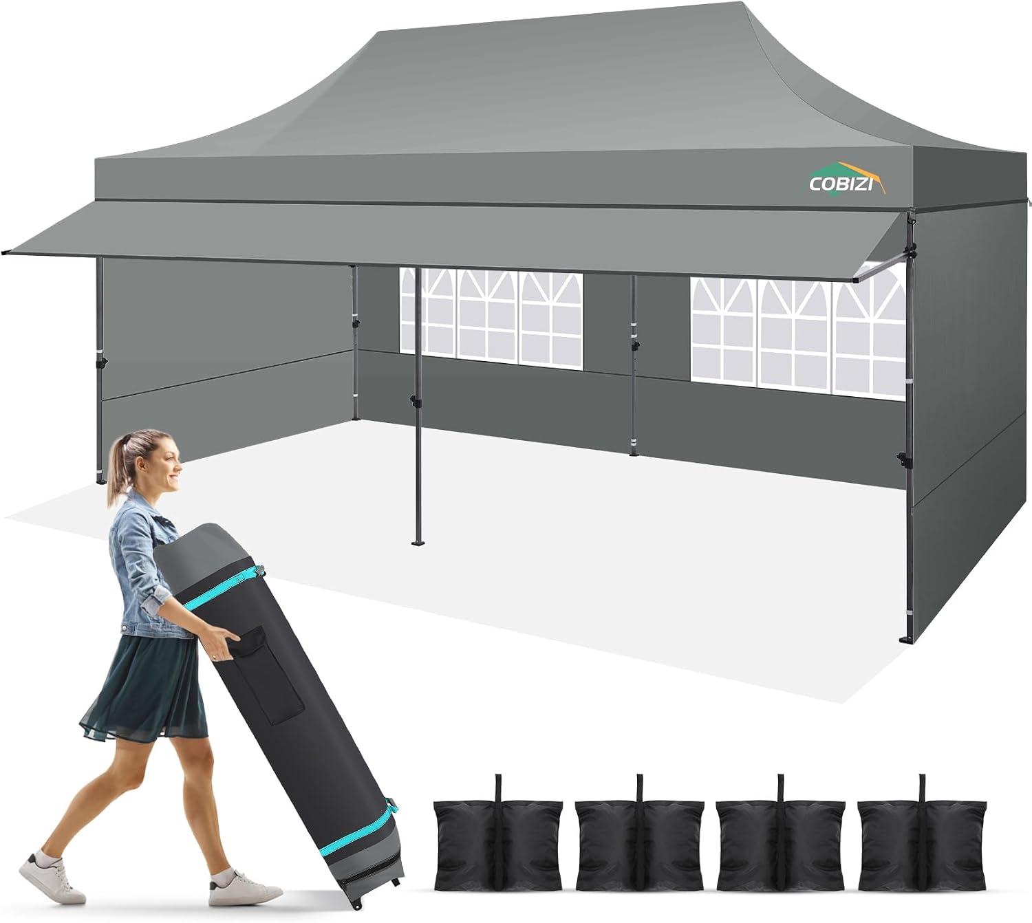COBIZI 10x20 Pop Up Canopy Tent with Awning & Sidewalls, Heavy Duty Commercial 10X20 Canopy Tents Instant Waterproof, UPF 50+ Sun Shade for Outdoor, Parties, Markets (Gray)
