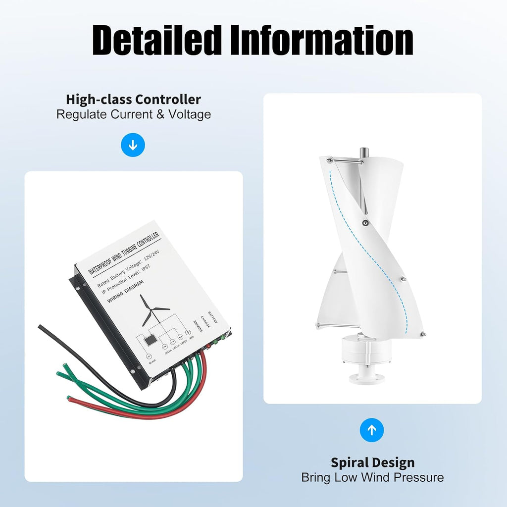 Wind Turbine Generators Kit,500W Vertical Axis Generator for Hybrid Solar Wind System,2 Blades Permanent Magnet Generator Wind Turbine Kit with Controller (White)