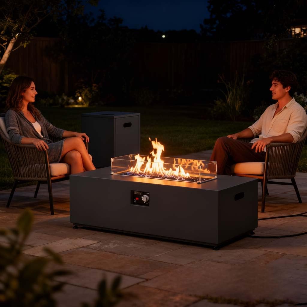 42' Propane Fire Pit Table Set with Tank Holder, Rectangle 2-Piece Outdoor Firepit Wind Guard, Lid, Glass Stones and Cover