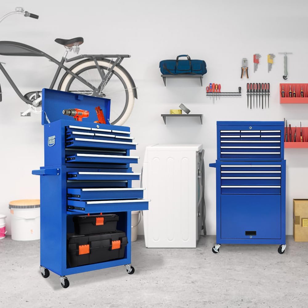 13 Drawers Tool Chest with Wheels,Large Capacity Tool Storage Cabinet with Removable Top Toolbox, Locking Mechanical Tool Cart with Liner,Suitable for Garages, Warehouses-Blue