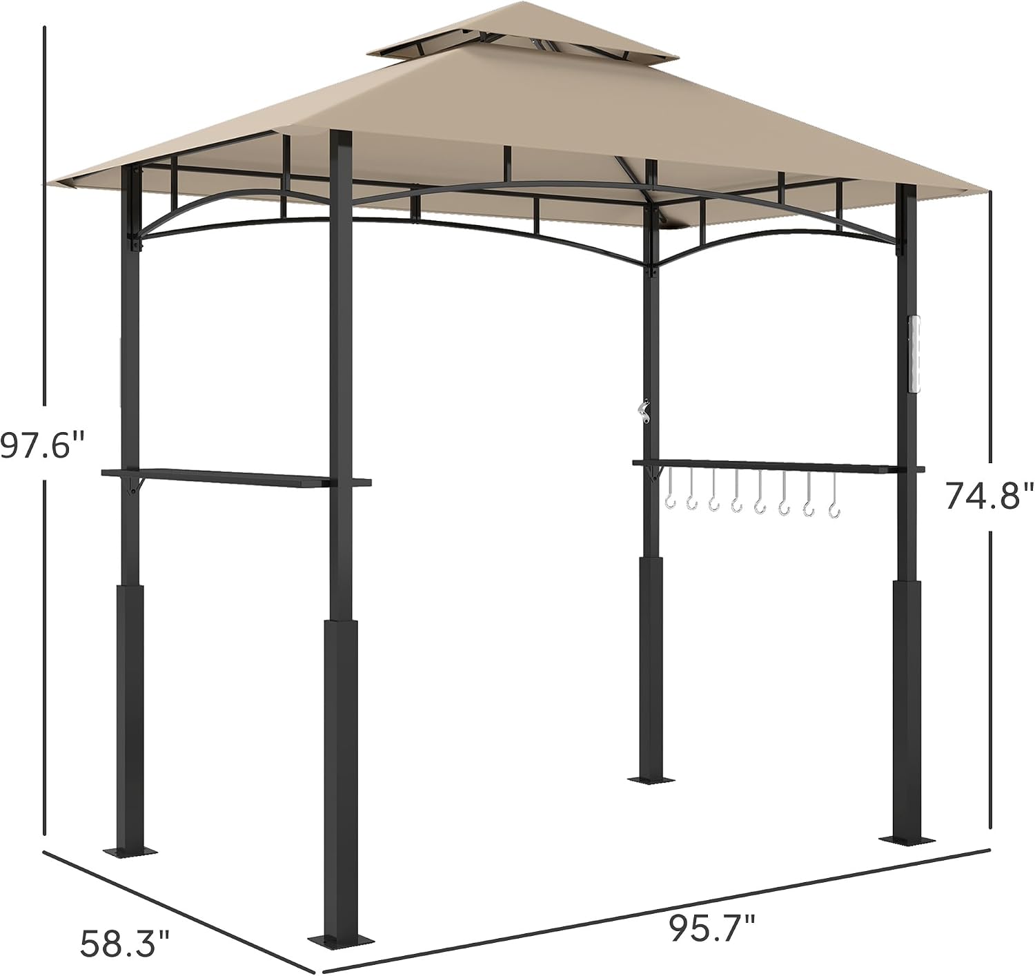 Outsunny 8' x 5' Grill Gazebo, Double Tiered Outdoor BBQ Gazebo with LED Light, 2 Side Shelves, Hooks and Bottle Opener for Patio Deck Yard, Khaki