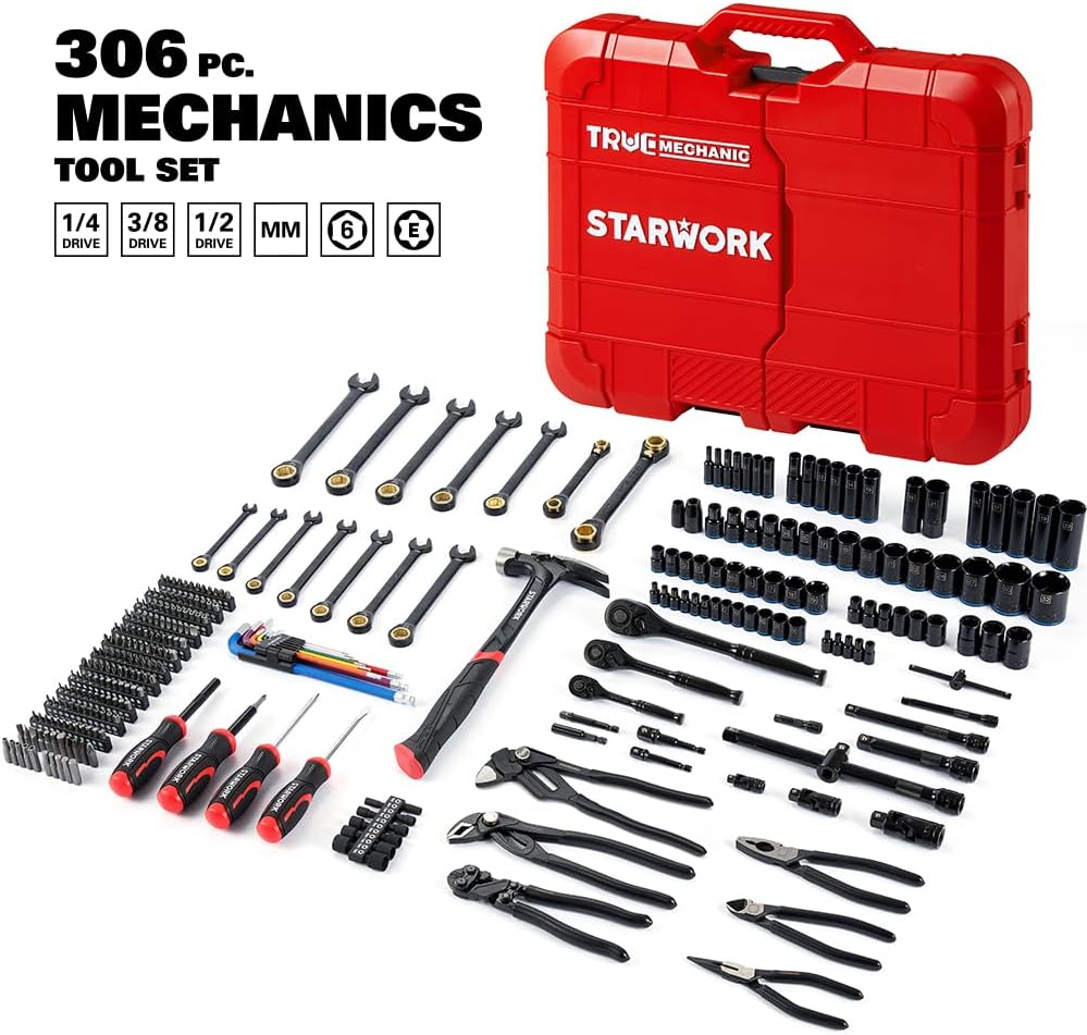 STARWORK TRUE MECHANIC 306-Piece Mechanics Tool Set and Socket Set, Comprehensive Tool Kit, Automotive Repair Tool Set, 【Pliers Wrench】, Professional