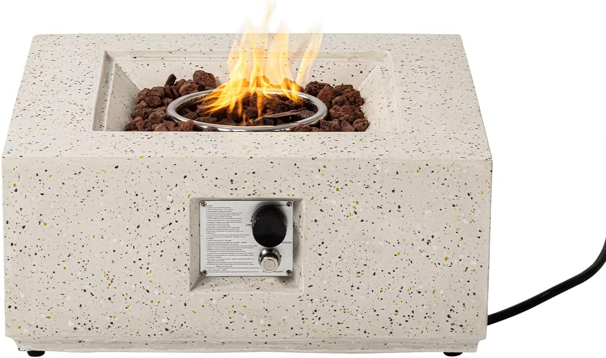 COSIEST Outdoor Propane Fire Pit Coffee Table, 28-inch Terrazzo Square Base Patio Heater w Certified, 40,000 BTU Stainless Steel Burner, Free Lava Rocks and Rain Cover