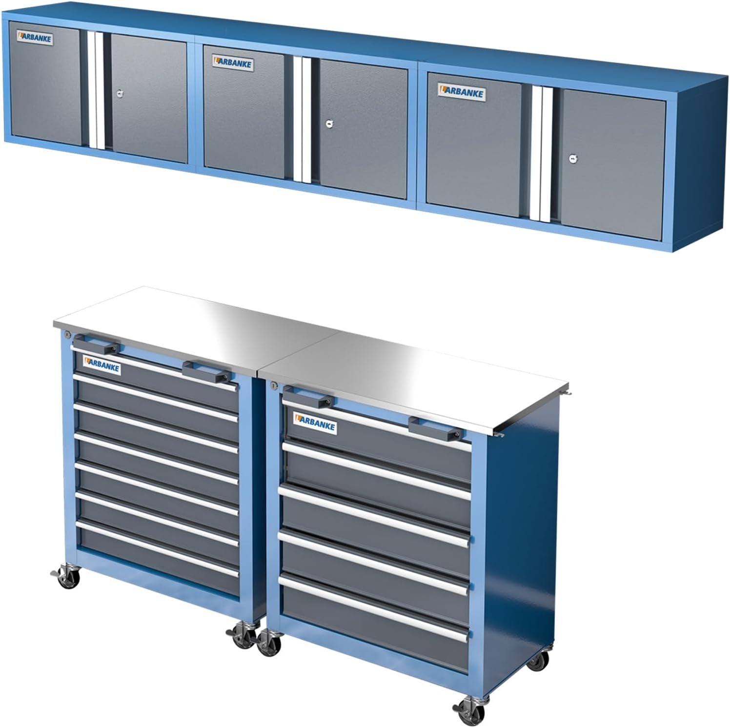 LARBANKE Metal Storage Cabinet System with Lock and Keys,Storage Cabinet System with 3 Wall Cabinet,One 5-Drawer Tool Chest and One 7-Drawer Tool Chest,Universal Brake Wheel &Padded Feet Attached