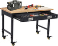 60' Adjustable Garage Workbench with Wheels, 2000LB Capacity, Hardwood Top, Power Outlets, Heavy Duty Work Table for Workshop, Home Office, Tools