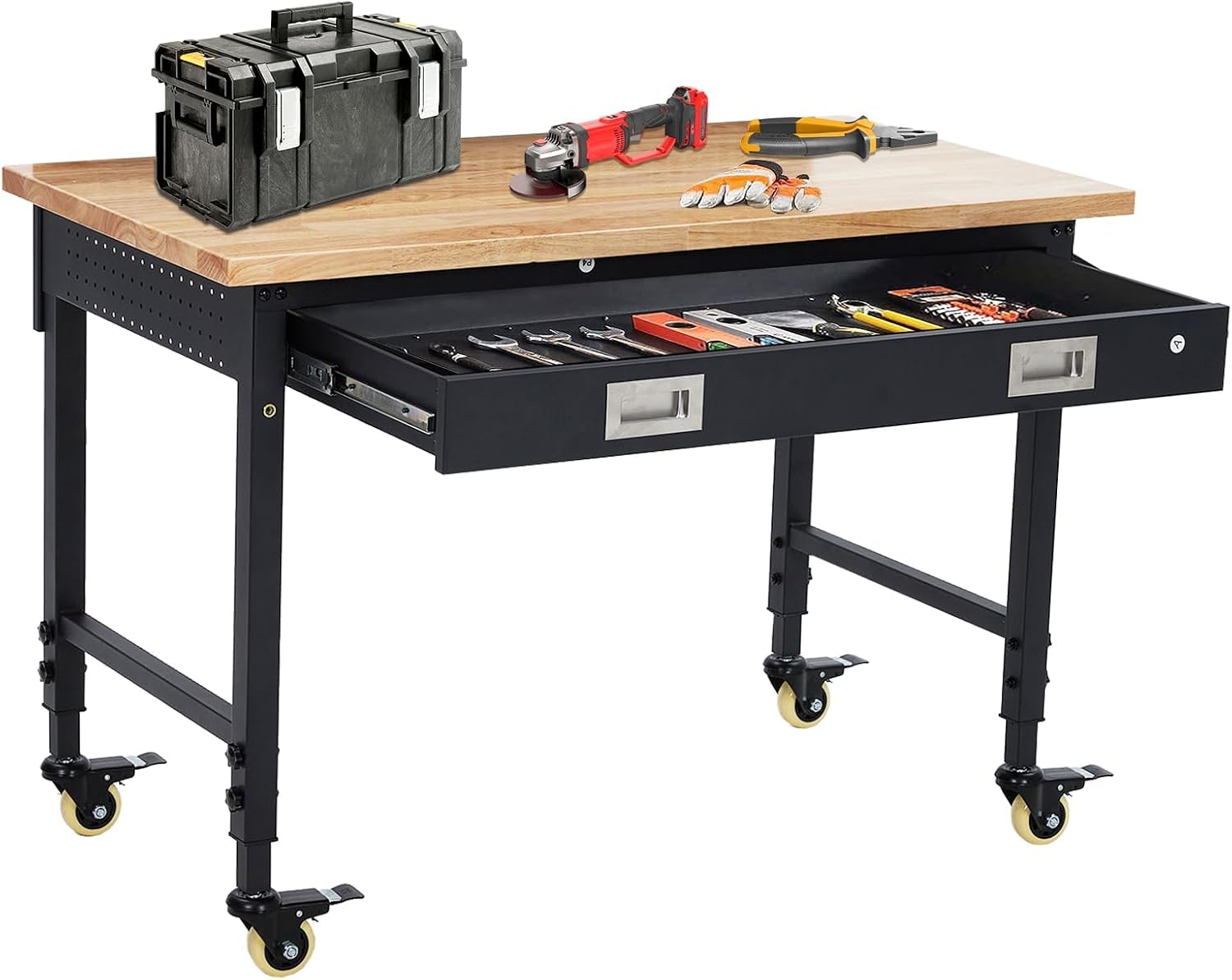 60' Adjustable Garage Workbench with Wheels, 2000LB Capacity, Hardwood Top, Power Outlets, Heavy Duty Work Table for Workshop, Home Office, Tools