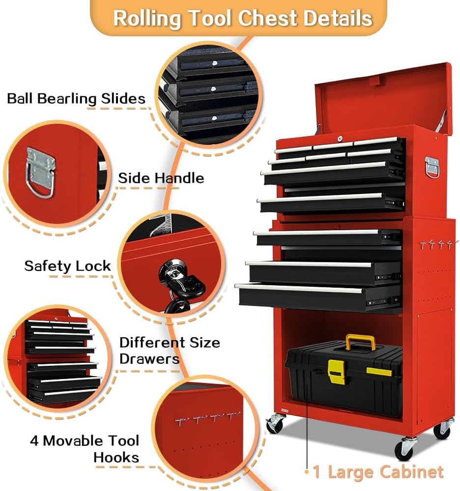 13-Drawer Tool Chest with Tool box and wheels, Large Detachable Toolbox with Sliding Drawers, Mechanic Storage Cabinets, Metal Tool Cart for Garage Workshop (BLACK＆Red)