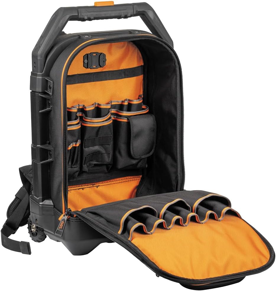Klein Tools 55604 Rolling Tool Backpack, Tool Bag with 28 Pockets, Heavy Duty Retractable Handle, Large Storage Interior, 3-Inch Wheels