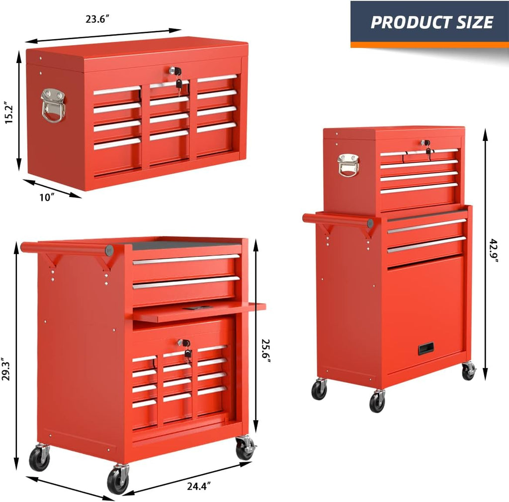 8-Drawer Rolling Tool Box, Lockable Rolling Tool Chest with Wheels and Drawers, 2 in 1 Large Capacity Storage Tool Cabinet for Warehouse, Garage, Tool Room and Repair Shop (Red)