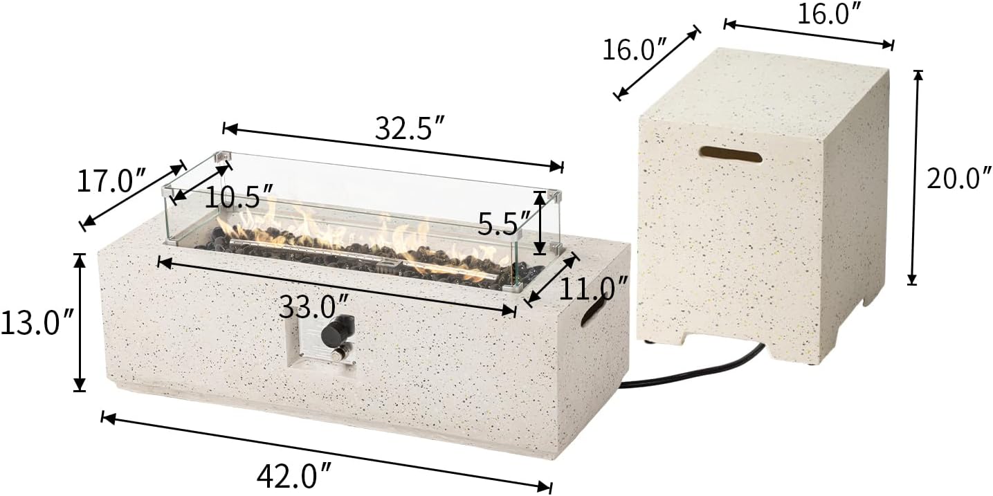 COSIEST 2-Piece Outdoor Propane Fire Pit Table Set w Tank Table, 42-inch Terrazzo Rectangle Fire Table (50,000 BTU) w 16 inches Tank Cover Side Table 20lb, Wind Guard, Black Fire Glass, Rain Cover