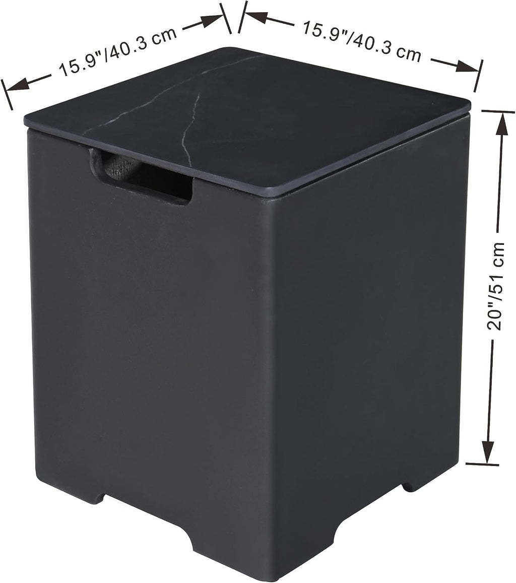 AMS Fireplace |Elementi Propane Tank Cover (Square Black Marble) | Marble porcelain top with GFRC base, Black Color, Square Shape, Size - 15.9 × 15.9 × 20.5 inches | Suited for Sofia Fire Pit Table