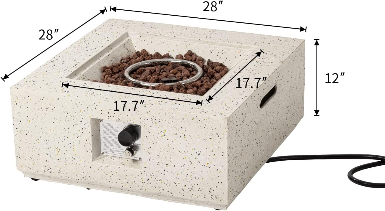 COSIEST Outdoor Propane Fire Pit Coffee Table, 28-inch Terrazzo Square Base Patio Heater w Certified, 40,000 BTU Stainless Steel Burner, Free Lava Rocks and Rain Cover