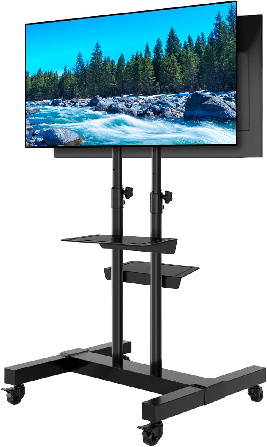 Mobile TV Stand Rolling TV Cart Floor Stand with Mount on Lockable Wheels Height Adjustable Shelf for 32-83 Inch TV Stand Flat Screen or Curved TVs Monitors Display Trolley (Black with 2 TV Brackets)