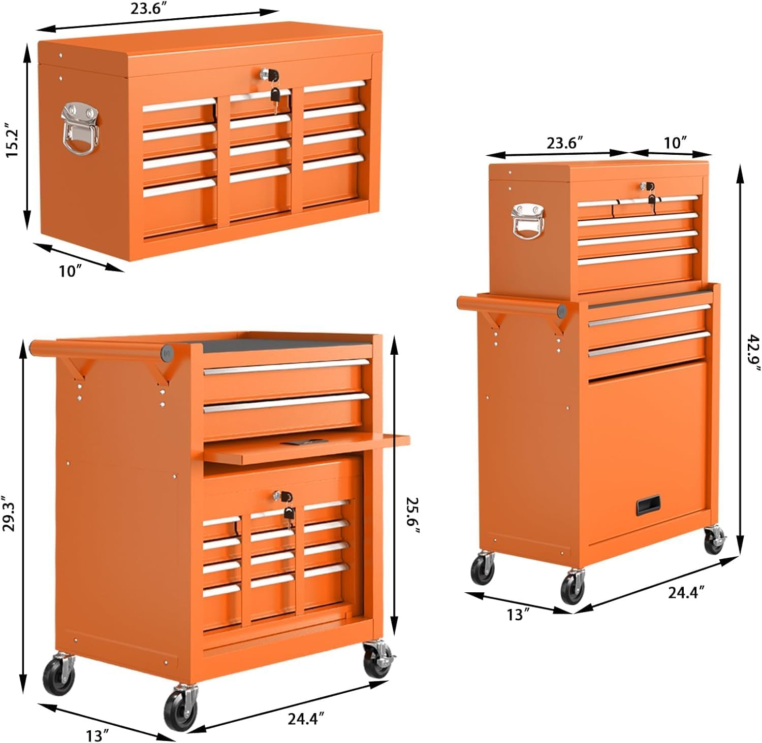 8 Drawer Rolling Tool Chest, High Capacity Tool Box with Lockable Wheels and Drawers, 2 in 1 Portable Toolbox Organizer Storage Cabinet For Garage, Warehouse, Repair Shop, Orange