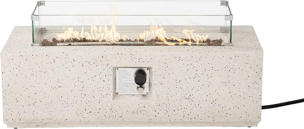 COSIEST Outdoor Propane Fire Pit Coffee Table, 42-inch x 13-inch Terrazzo Rectangle Base Patio Heater w Certified, 50,000 BTU Stainless Steel Burner, Wind Guard, Free Lava Rocks and Rain Cover