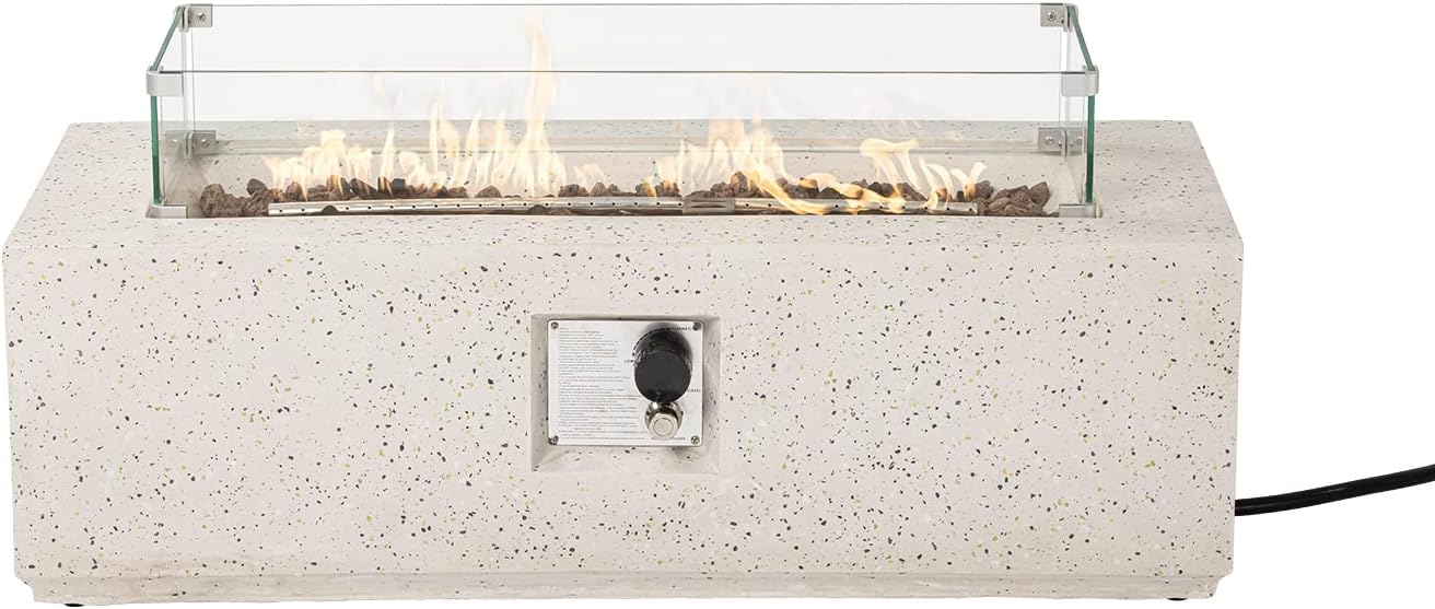 COSIEST Outdoor Propane Fire Pit Coffee Table, 42-inch x 13-inch Terrazzo Rectangle Base Patio Heater w Certified, 50,000 BTU Stainless Steel Burner, Wind Guard, Free Lava Rocks and Rain Cover