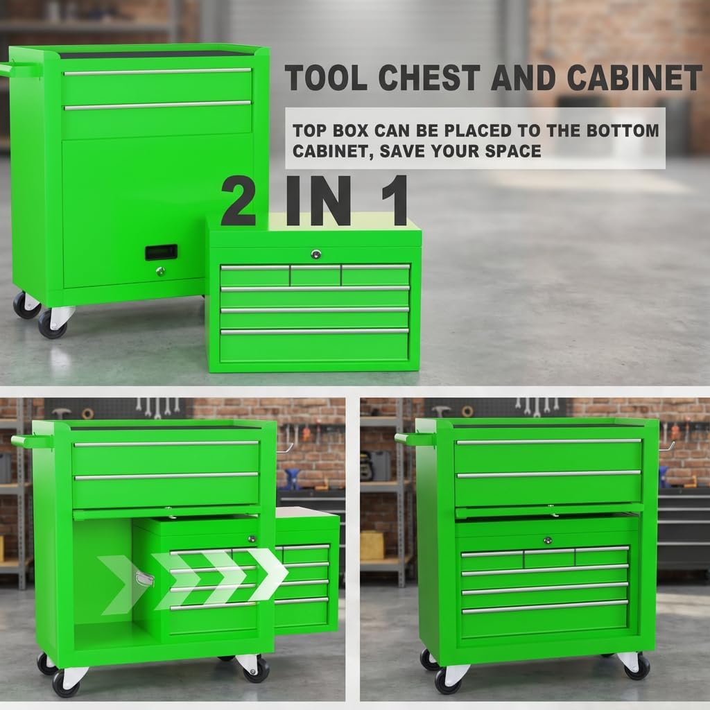 Dawmilon Tool Chest, 8-Drawer Rolling Tool Storage Cabinet with Wheels, Detachable Top Tool Box, and Locking Mechanism, Metal Barber Tool Cart with Liner and 6 Hooks for Garage, Workshop, Green