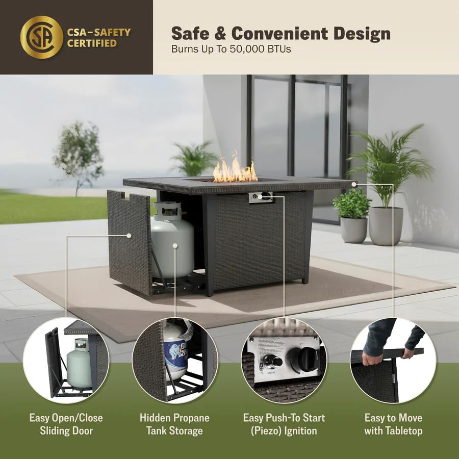 42' Outdoor Propane Fire Pit Table Gas Fire Pit for Patio 2-in-1 Firepit Dining Table with Glass Wind Guard Glass Rocks & Waterproof Cover Grey