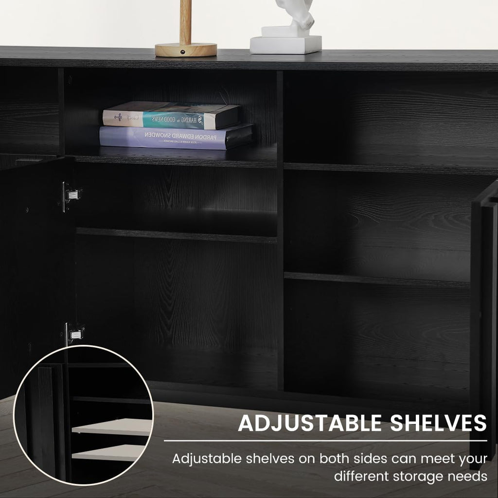 COCO DESIGN 70' Fluted TV Stand with Power Outlet for TVs up to 80', Modern Entertainment Center with Adjustable Shelves, Media Console Table with Storage for Living Room, Black