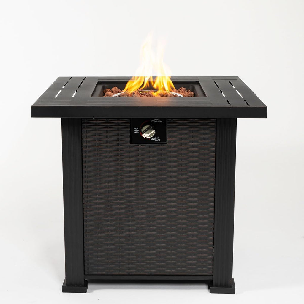 28'' Propane Fire Pit Table, 50,000 BTU Fire Table with Steel Lid, Big Legs, Laval Rocks.