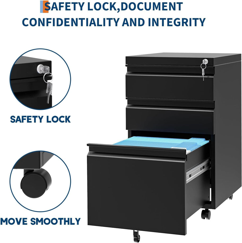 GAOMON 3-Drawer Mobile File Cabinet with Lock, Metal Filing Cabinet on Wheels, Fits Letter/Legal/A4 Files, Space-Saving Under Desk Office Storage Organizer for Home Office, Easy Assembly, Black
