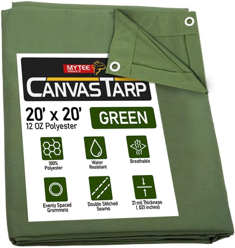 Mytee Products 20' x 20' Green Canvas Tarp 12oz Heavy Duty Water Resistant